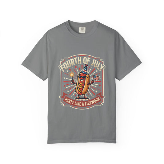 Fourth of July Hot Dog T-Shirt — "Party Like a Firework" Patriotic Tee
