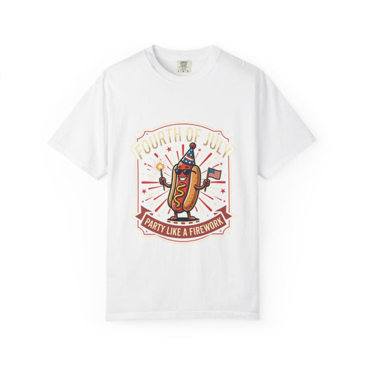 Fourth of July Hot Dog T-Shirt — "Party Like a Firework" Patriotic Tee
