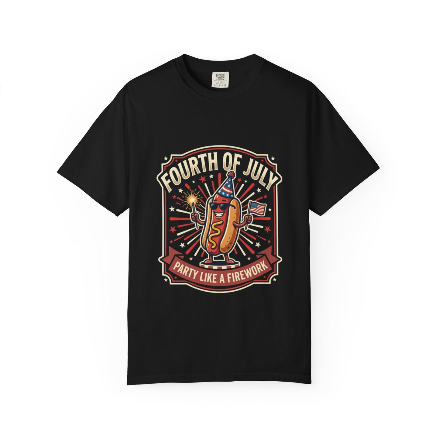 Fourth of July Hot Dog T-Shirt — "Party Like a Firework" Patriotic Tee