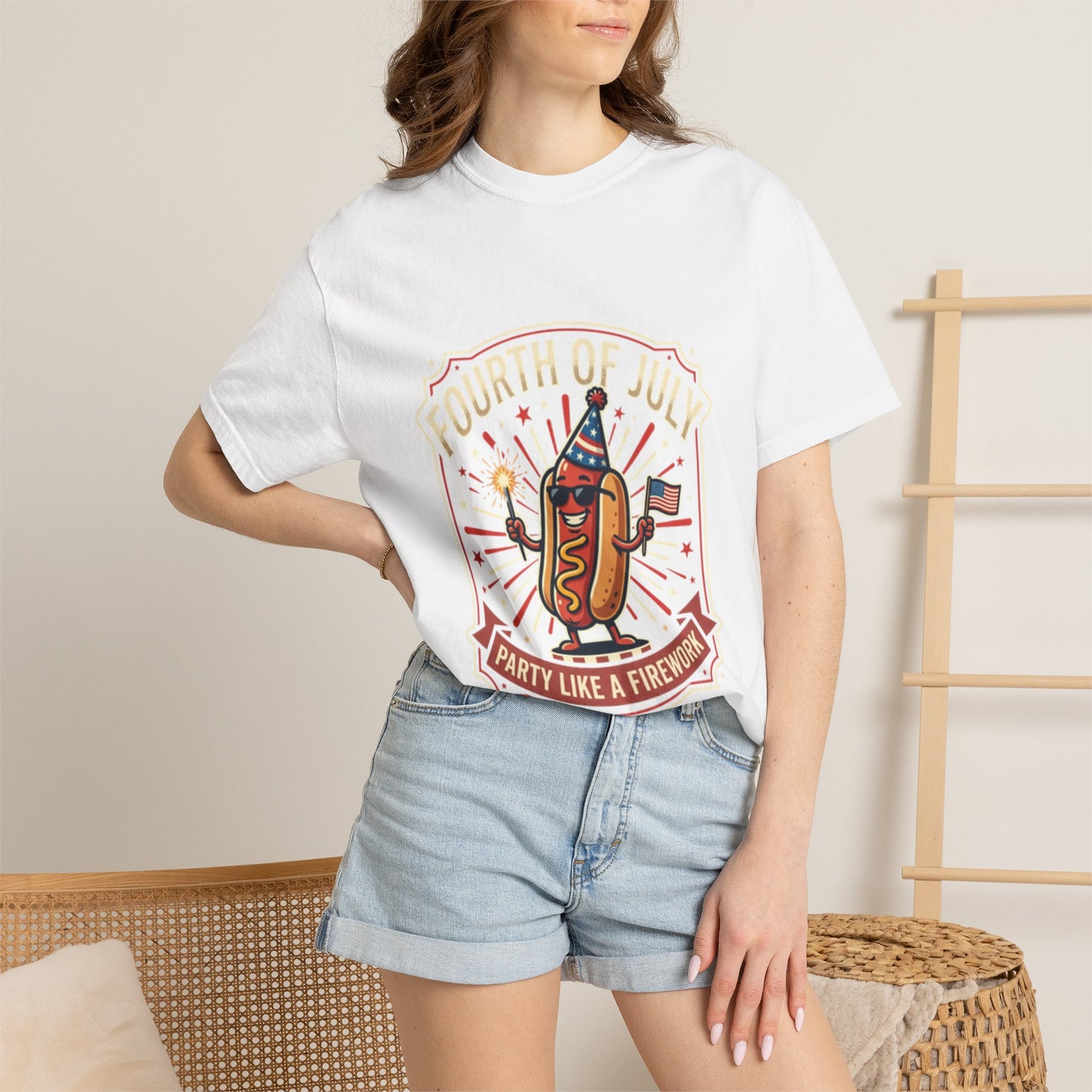 Fourth of July Hot Dog T-Shirt — "Party Like a Firework" Patriotic Tee