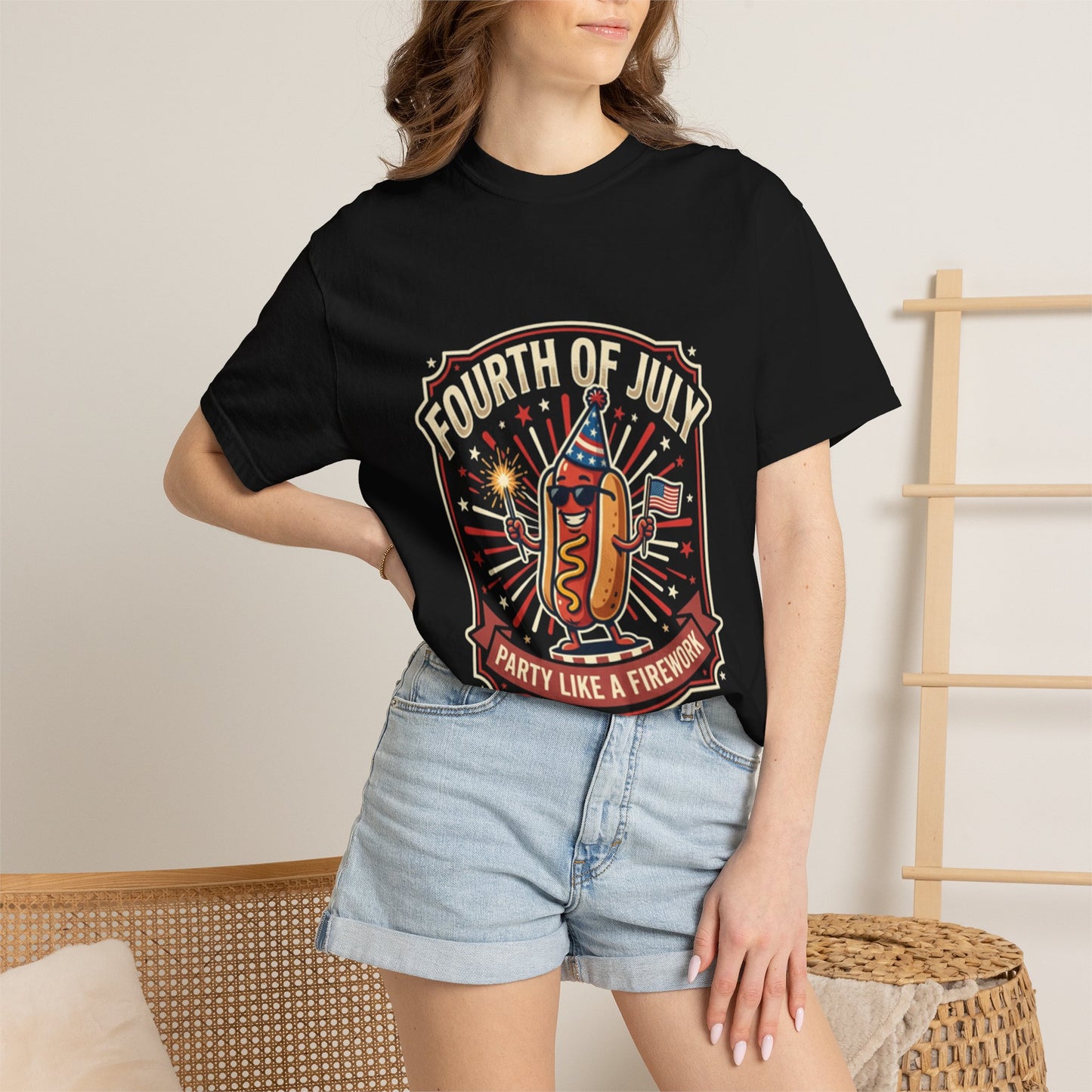 Fourth of July Hot Dog T-Shirt — "Party Like a Firework" Patriotic Tee