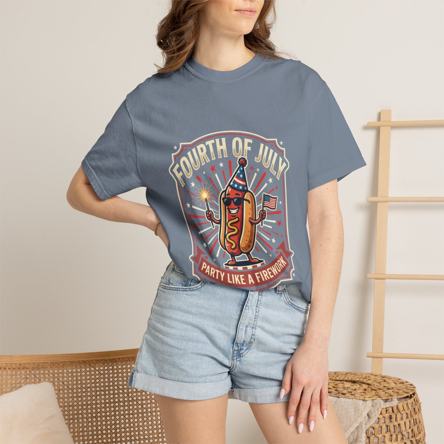 Fourth of July Hot Dog T-Shirt — "Party Like a Firework" Patriotic Tee